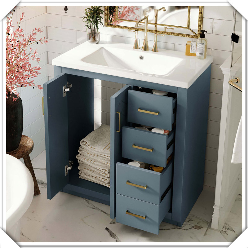 Meuble-lavabo autoportant en bois massif avec tiroirs en céramique, Bleu