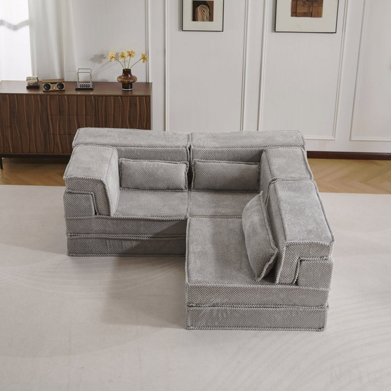 Compression Mahjong Sofa,Convertible Floor Sofa Bed,Diy Boneless Modular Sectional Sofa,No Assembly Required,Circle Fleece Fabric,Oversized 3 Seater With 3 Pillows,Light-Grey