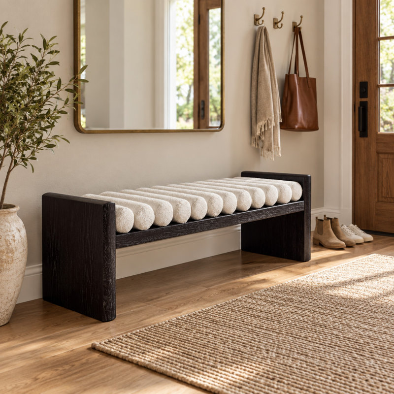 62.8" Chenille Upholstered Bench with Rolled Cushions