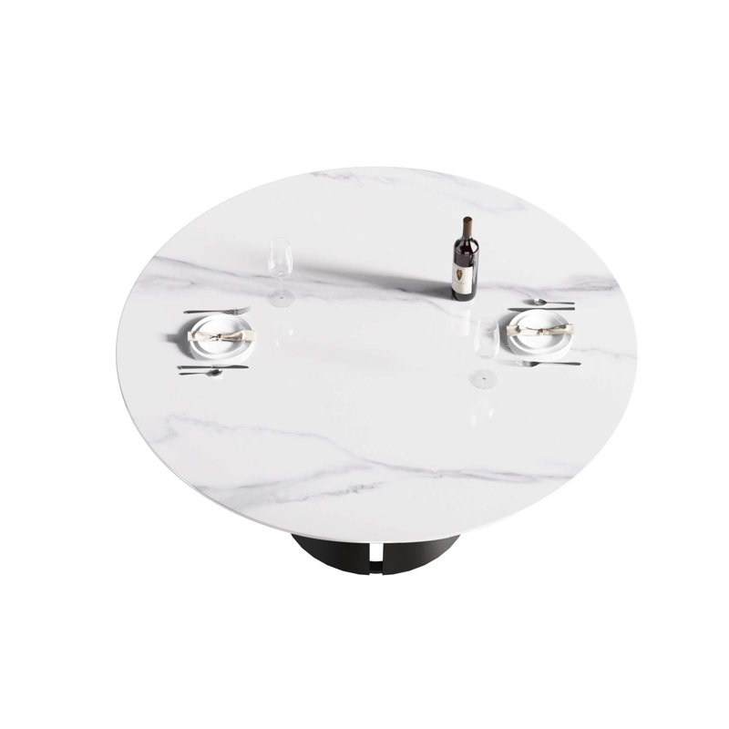 Table de salle à manger moderne 59,05 "en pierre artificielle ronde en acier au carbone noir pouvant accueillir 6 personnes (chaise non incluse)
