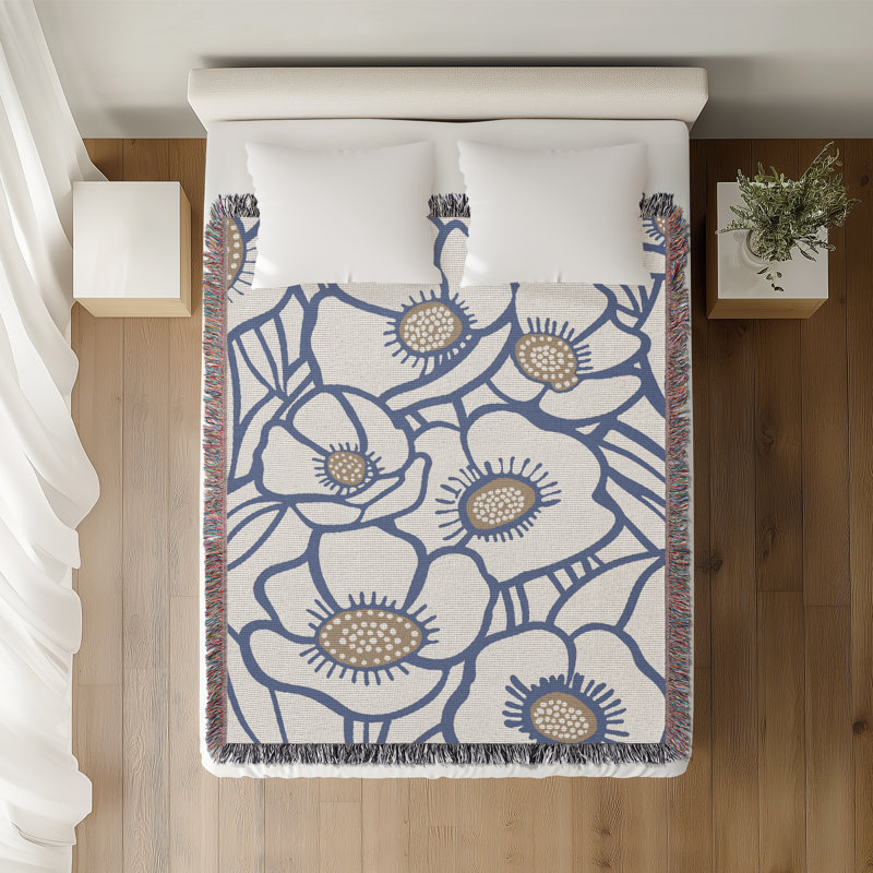 Jeté floral en coton, 50 x 70, Bleu pâle
