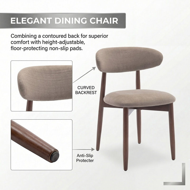 Modern Solid Wood Dining Chair, Upholstered Seat, Curved Ergonomic Backrest, Sturdy Frame Side Chair, Camel