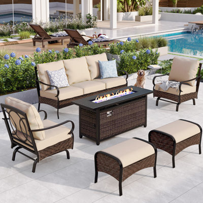 Tapasi 5-7 Person Front Porch Furniture Sets with Fire Pit Table & Rocking Lounge Chairs