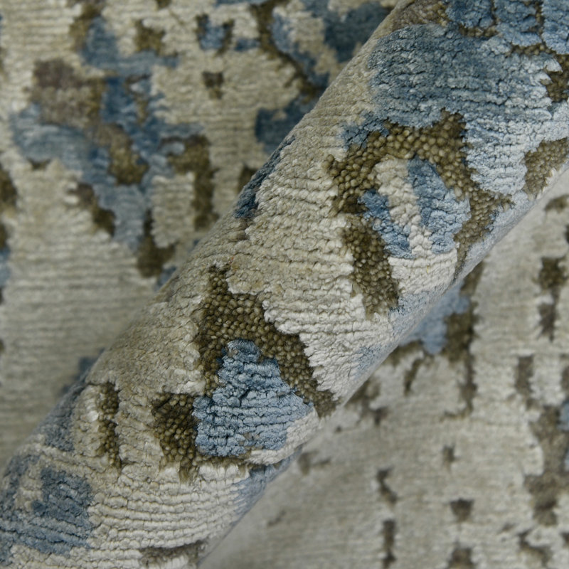 Blue Hand-Knotted Wool and Silk Abstract 8' x 10' Rug
