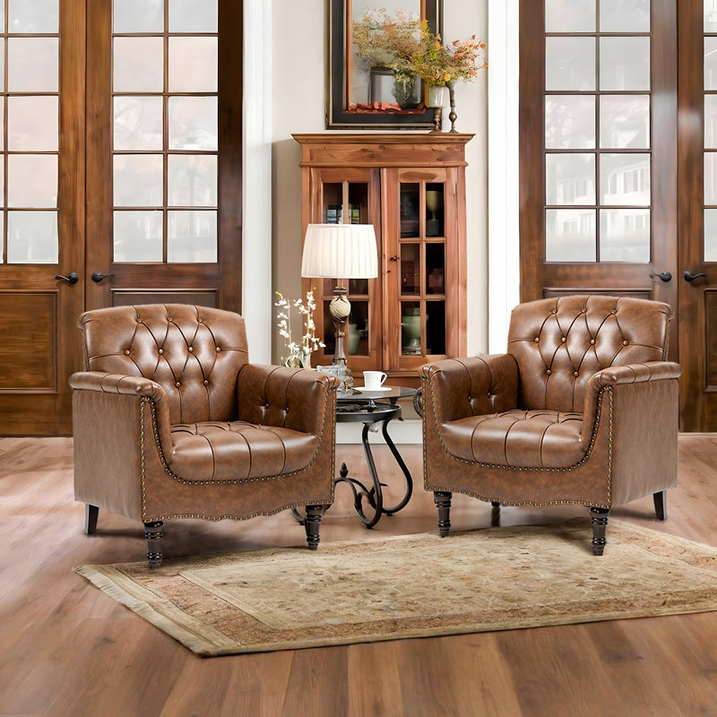 Edvardas 80Cm Wide Tufted Armchair, Brown Faux Leather