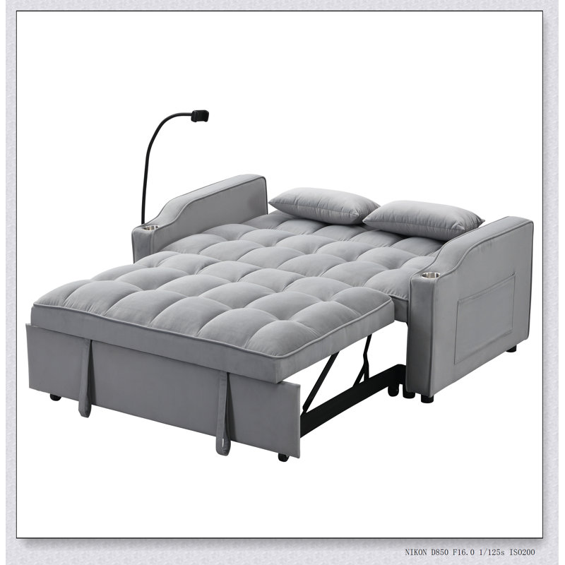 Canapé-lit futon moderne en velours avec lit gigogne, dossier inclinable réglable, coussins décoratifs et poches pour le salon, canapé-lit convertible 3-en-1