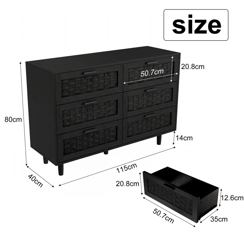 115 cm W Chest of 6 Drawers, Black