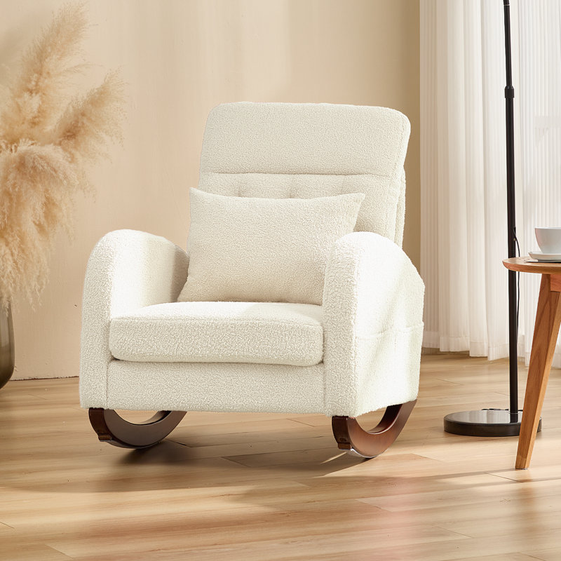 Beige Teddy Fleece Rocking Chair with Solid Wood Base