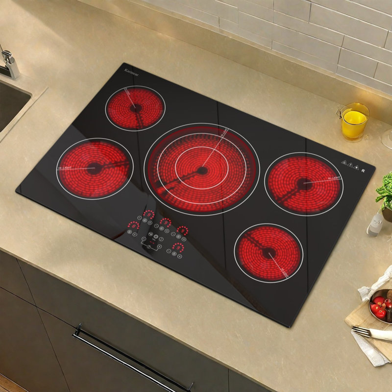 Plaque de cuisson électrique à 5 brûleurs Karinear, plaque de cuisson électrique de 30 pouces avec brûleur extensible à trois anneaux, plaque de cuisson en céramique haute puissance de 9 000 W, 220-240 V câblé