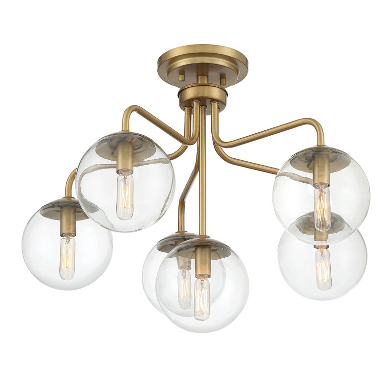 Plafonnier 6 lumières en laiton chaud Chemise, Laiton, Transparent