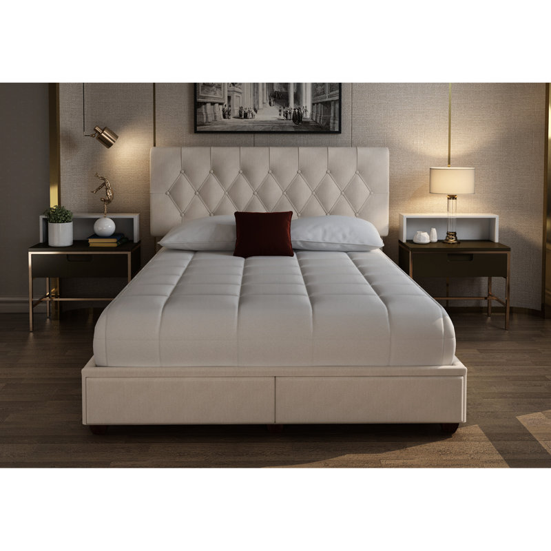 2 Upholstered Queen Storage Bed In A Graceful Beige Style Sized With 2 Convenient Drawers
