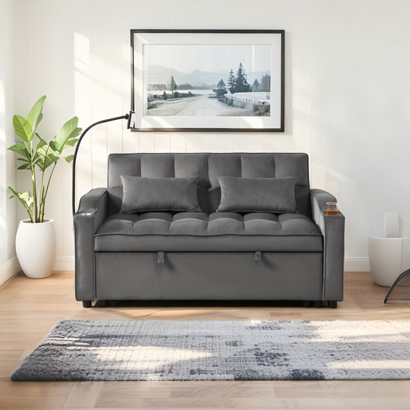3 In 1 Convertible Sleeper Sofa Bed,Modern Velvet Loveseat Futon Sofa Couch W/Pullout Bed,Small Love Seat Lounge Sofa With Adjustable Backrest,Toss Pillows,Pockets