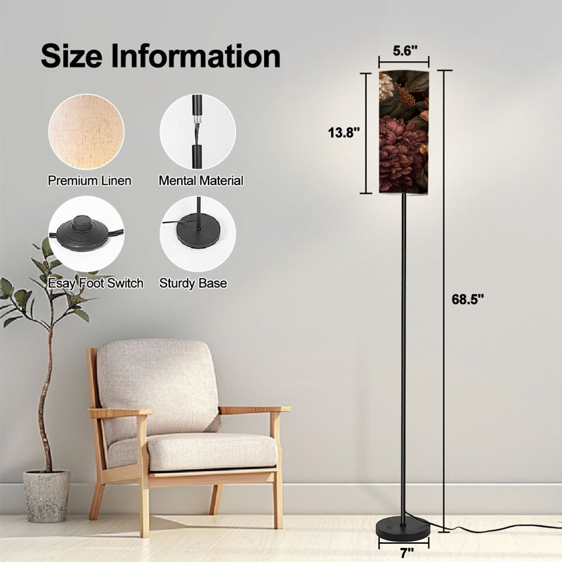  Lampe sur pied 68,5 "à branches ornementales florales botaniques rosées à intensité variable avec abat-jour en lin