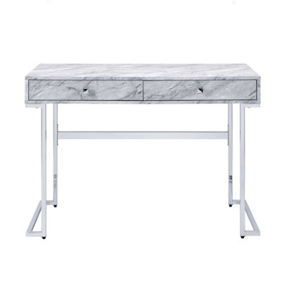 Rectangular Writing Desk With 2 Drawers, Engineered Stone Top And Chrome