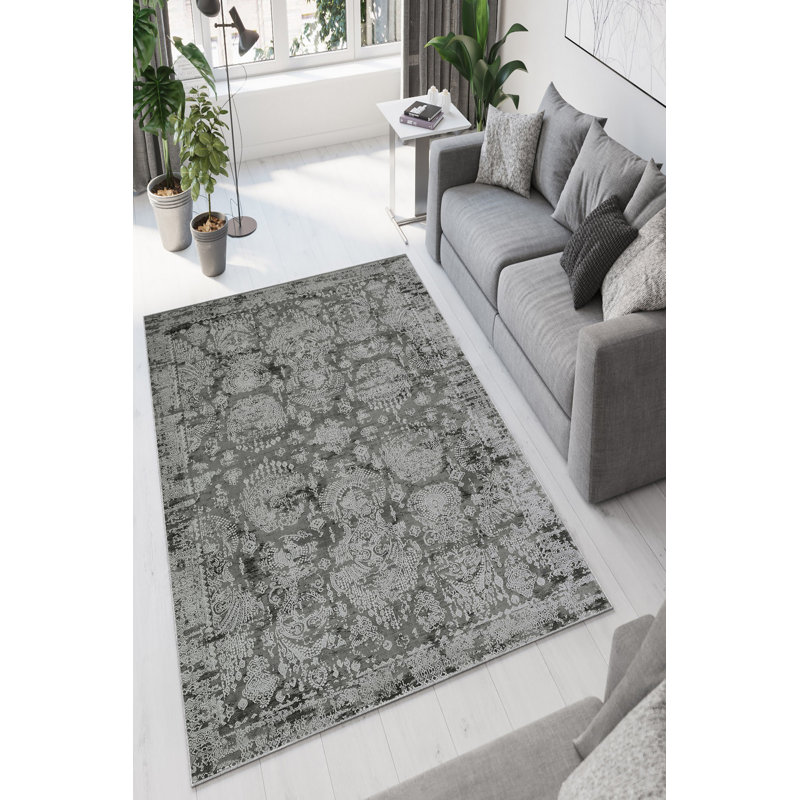 Tapis gris de qualité supérieure (5,2 x 7,5 pieds), 100% polyester, 650 g / m² | Antibactérien, impression numérique, écologique | Dessous en PVC antidérapant, lavable à la machine | Parfait pour le salon, la chambre à coucher et la décoration intérieure