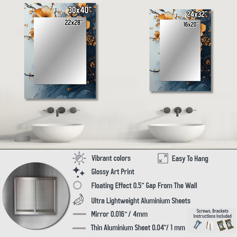 Branche de cerisier en fleurs orange et bleu - grand miroir de cerisier en fleurs, miroir mural décoratif traditionnel, impression d'art en métal