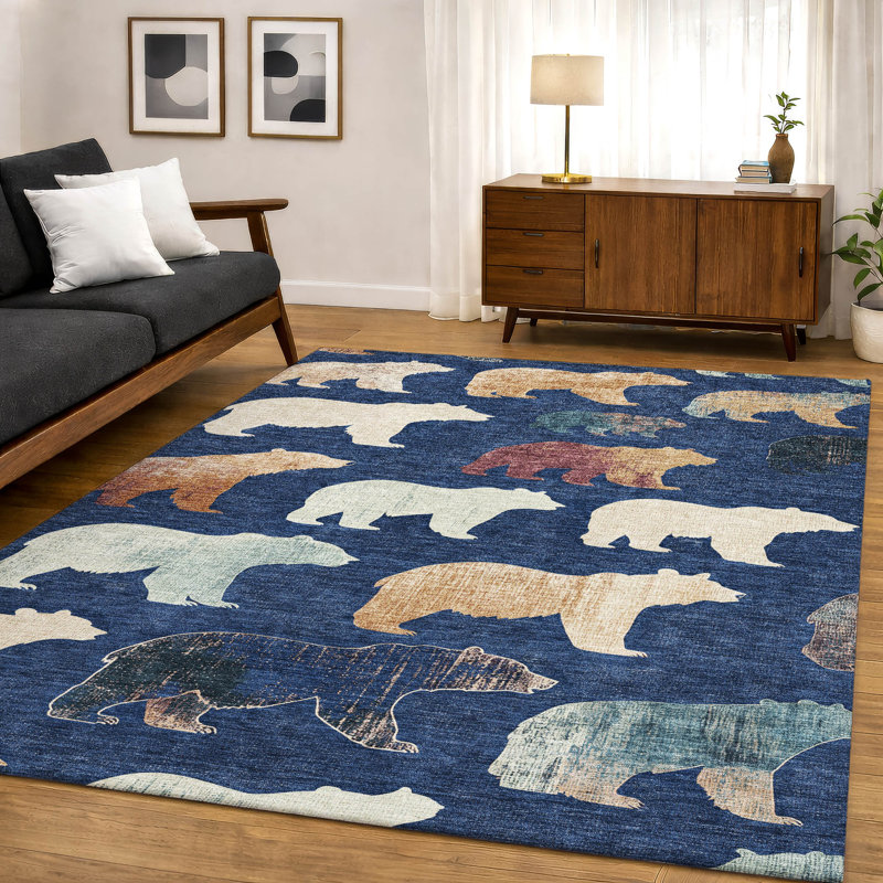 Premium Machine Washable Mayfield AMF2338 Lodge Rug, Navy, 9' x 12'