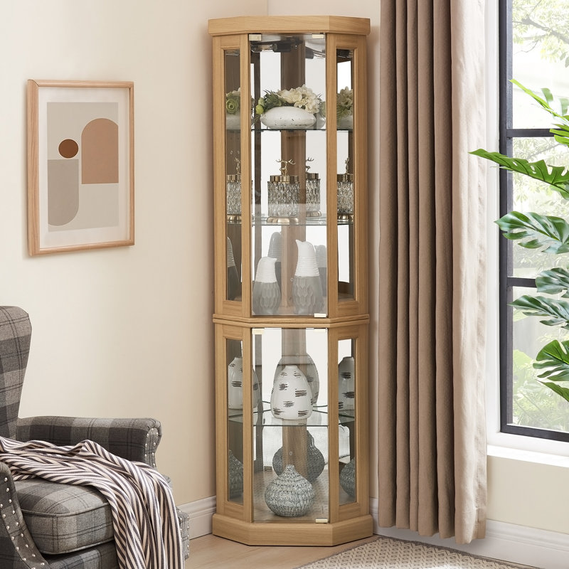 Vitrine de coin lumineuse pour présenter des objets de collection, des verres à vin et des verres de bar avec un design élégant et des tablettes réglables