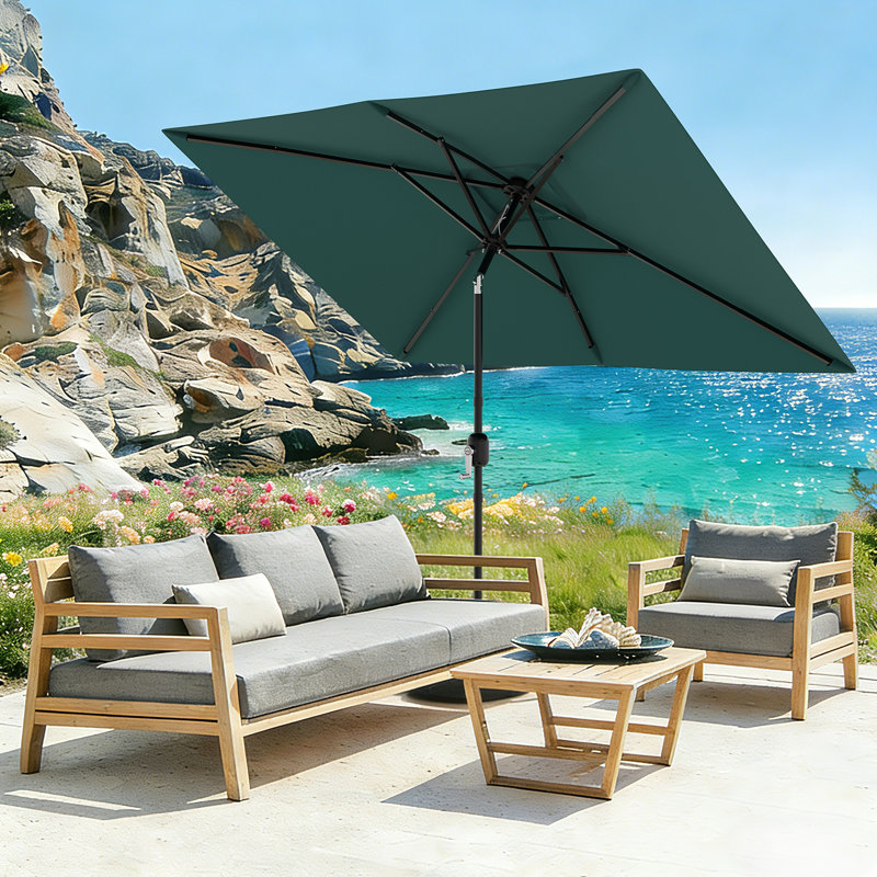Parasol de patio rectangulaire 10 x 6,5 pi avec manivelle et inclinaison, parasol de table d'extérieur avec 6 nervures et auvent ventilé pour terrasse de jardin