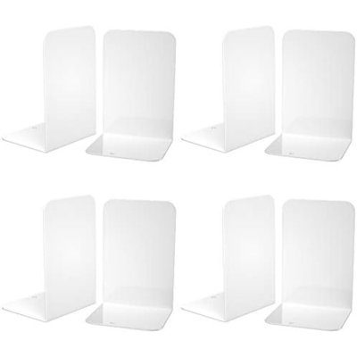 Bookends 4 Pairs, White Metal Book Ends, Bookends For Shelves, Book Stopper For Heavy Books, Book Dividers For Home Office