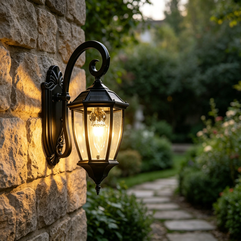 Lanterne murale solaire d'extérieur, verre transparent et aluminium noir Gla