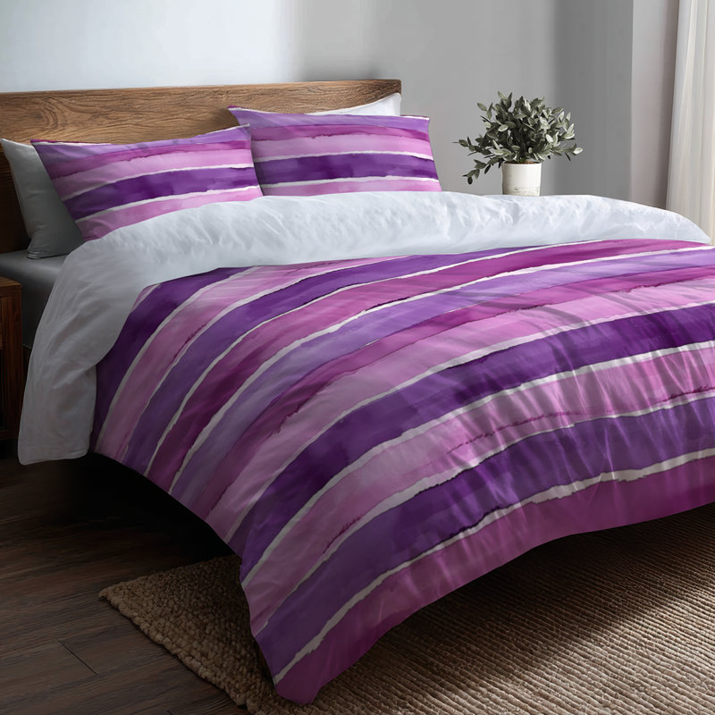 Ensemble de literie à rayures de 3 - Ensemble de housse de couette et de coussin à rayures lavande mauve et blanche French Country