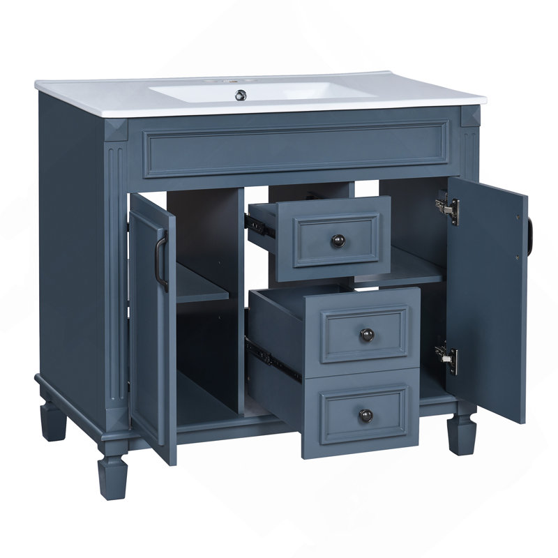 Meuble-lavabo 36 po avec lavabo supérieur, armoire à miroir bleu royal, armoire de rangement moderne avec 2 portes à fermeture douce et 2 tiroirs, meuble-lavabo simple