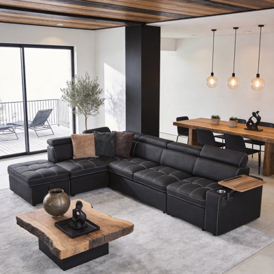 Modern Farmhouse U-Shaped Faux Leather Sectional Sofa with Pull-Out Bed, Storage Ottoman & Cup Holder - Modular Living Room Couch