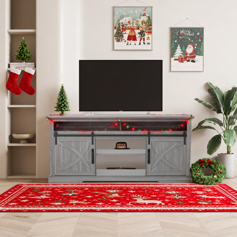 Meuble télé 68 po avec tablettes et armoires de rangement ouvertes pour téléviseur de 78 po ou moins, Gris clair