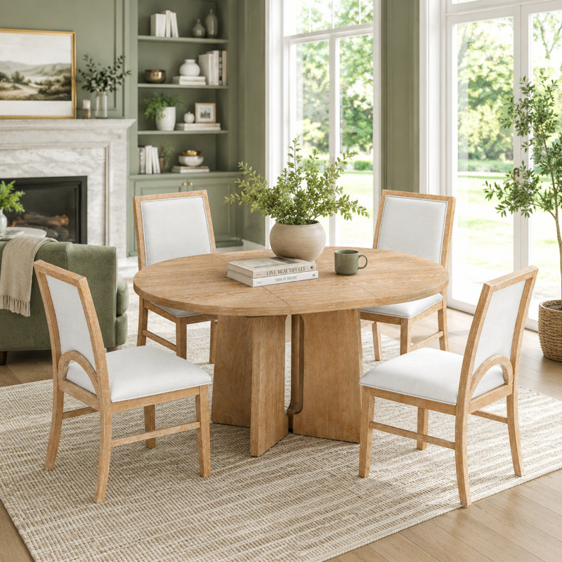 Round Extendable Dining Table Set with Upholstered Chairs, Brown