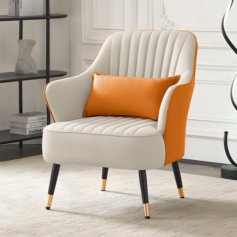 White and Orange Barrel Accent Chair with Golden Metal Legs