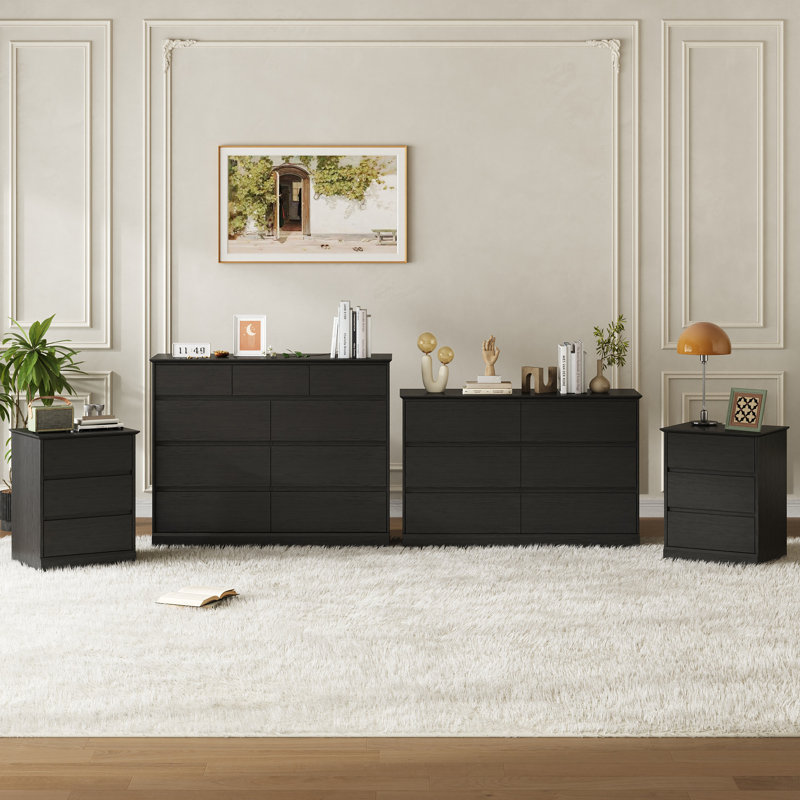 Ensemble de chambre à coucher 4 pièces Dornisha, commode double 9 tiroirs 47,5 po de hauteur 47,2 po et ensemble de table de chevet H 48,4 po