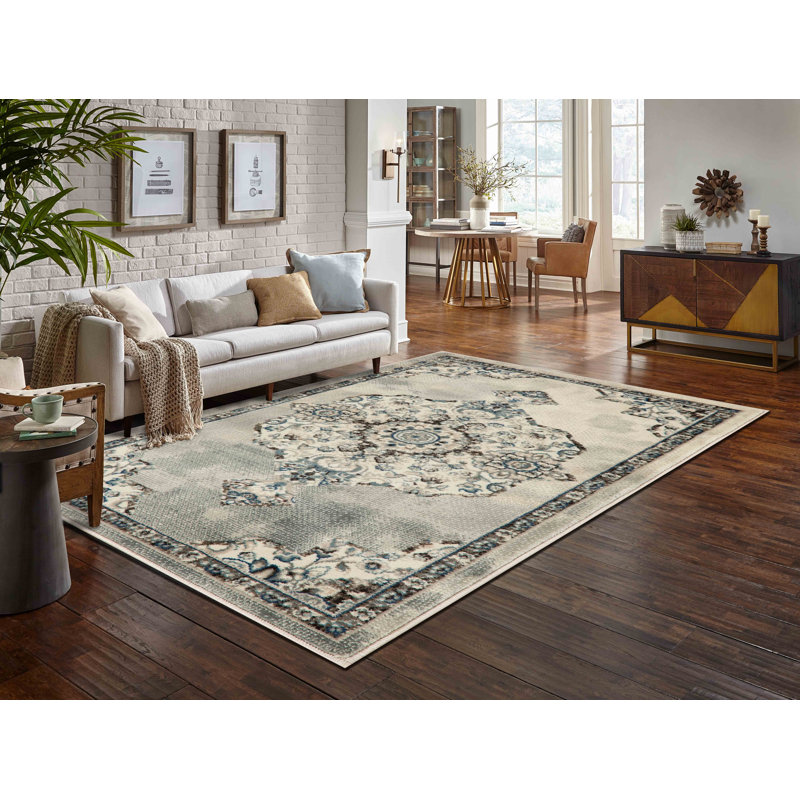 Tapis oriental transitionnel gris / blanc / bleu Ostergren Collection, Rectangle 9 pi 5 po x 13 pi
