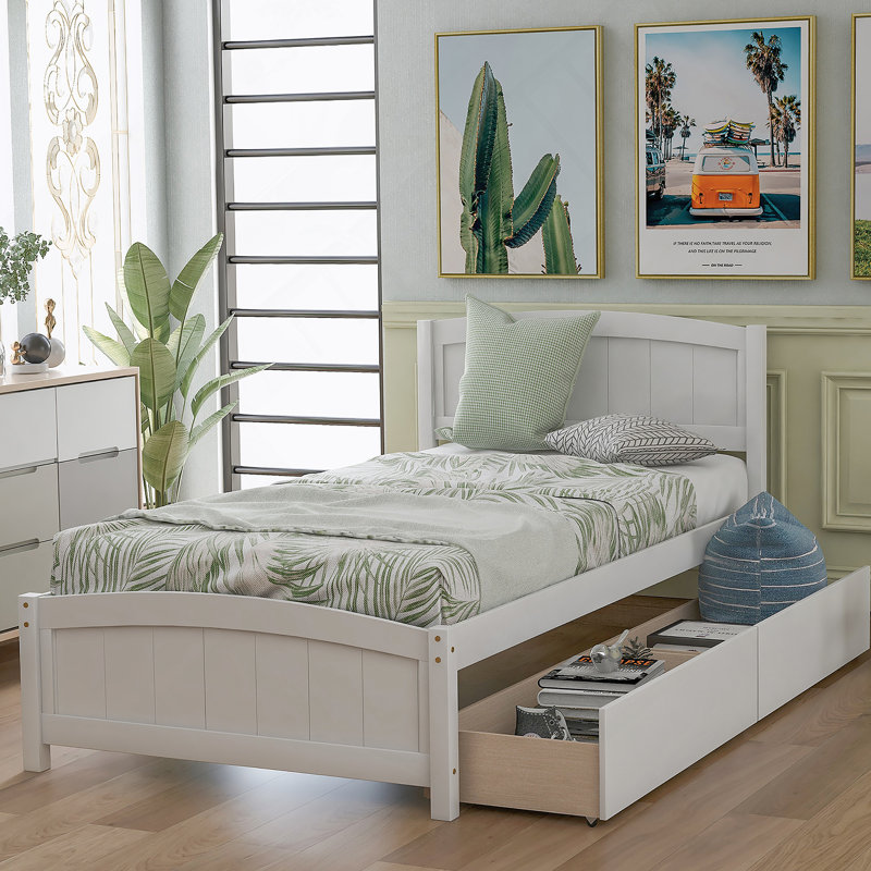 Platform Bed with Two Drawers, White