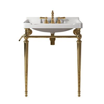 Vici Bathroom Console Sink, Wall-mounted White Ceramic Vanity Basin With 3 Pre-drilled Faucet Holes, Freestanding Stainless Steel Support Legs With Towel Bar, No Faucet