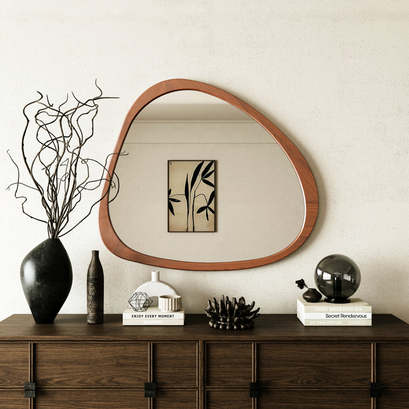 Miroir 45 po en bois massif de conception asymétrique avec miroir en bois pour le salon, la chambre à coucher, la salle de bain, le couloir et le couloir
