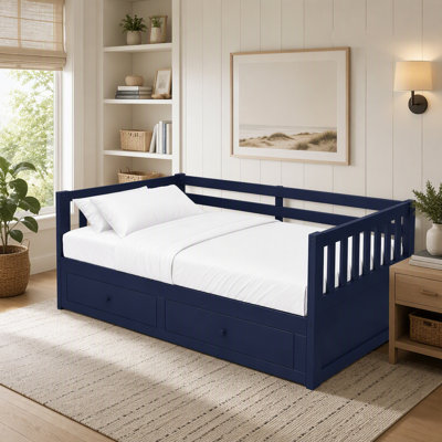 Lit de jour simple à très grand avec gigogne coulissante, cadre de lit convertible en bois avec garde-corps et support à lattes, 2 tiroirs intégrés, facile à assembler, aucun sommier tapissier requis, bleu