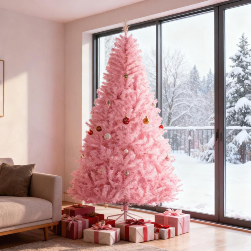 Arbre de Noël artificiel rose 7 pi avec charnières à ouverture automatique, base en acier et forme large pour un décor intérieur des Fêtes.
