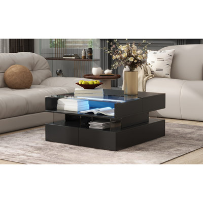 Table basse avec 2 tiroirs U-Can, table basse carrée moderne avec plateau en verre et finition ultrabrillante, espace caché et lumières DEL pour le salon