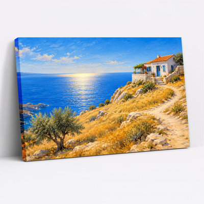 Art mural sur toile Sunlit White House On Cliff Over Deep Blue Ocean