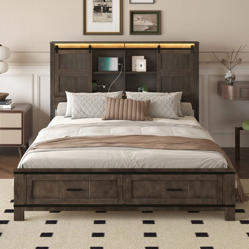Grand lit plateforme en bois avec porte de grange, pas de sommier tapissier, robuste Durable