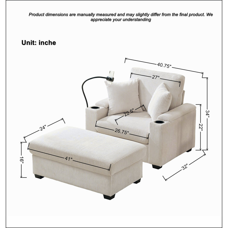 Oversized Chaise Lounge Chair Indoor with Ottoman and Storage, Comfy Corduroy Sleeper Chair with Cup Holder,Mobile Phone Stand&USB Charging Port , Reclining Chair for Living Room, Bedroom