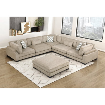 Brown Contemporary 6-Piece Modular Sectional Sofa w Ottoman Plush Comfortable Pillows Upholstered Solid Wood Living Room Furniture