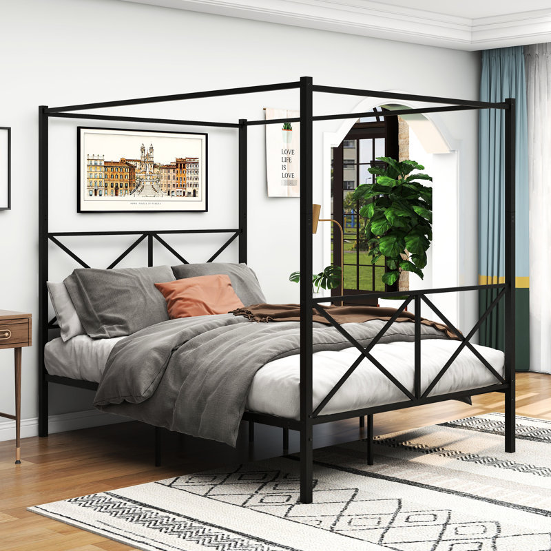 Structure de lit plateforme noire en métal, construction pour un meilleur sommeil, aucun sommier tapissier requis, s'adapte à toutes les grandes reines standard avec auvent