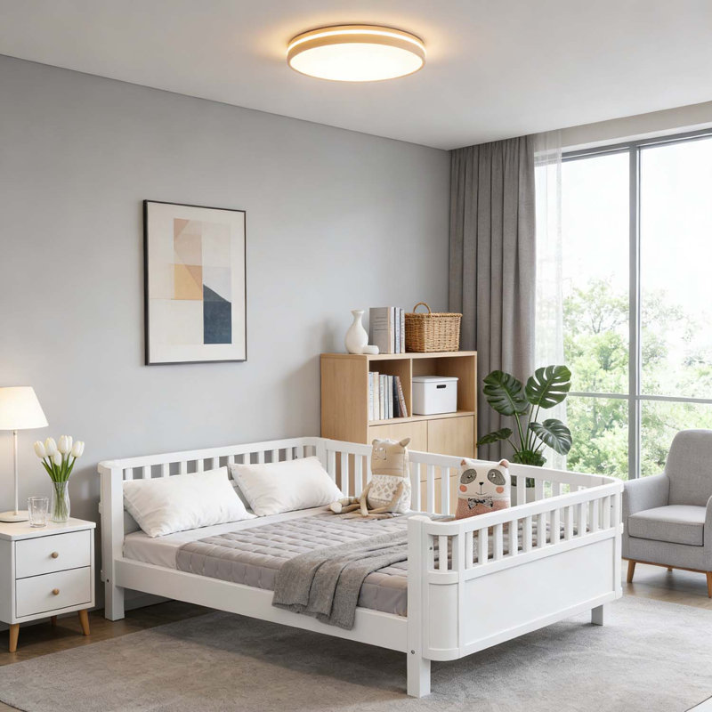 Lit plateforme en bois avec rails de sécurité, conception à profil bas, Lit double, Blanc