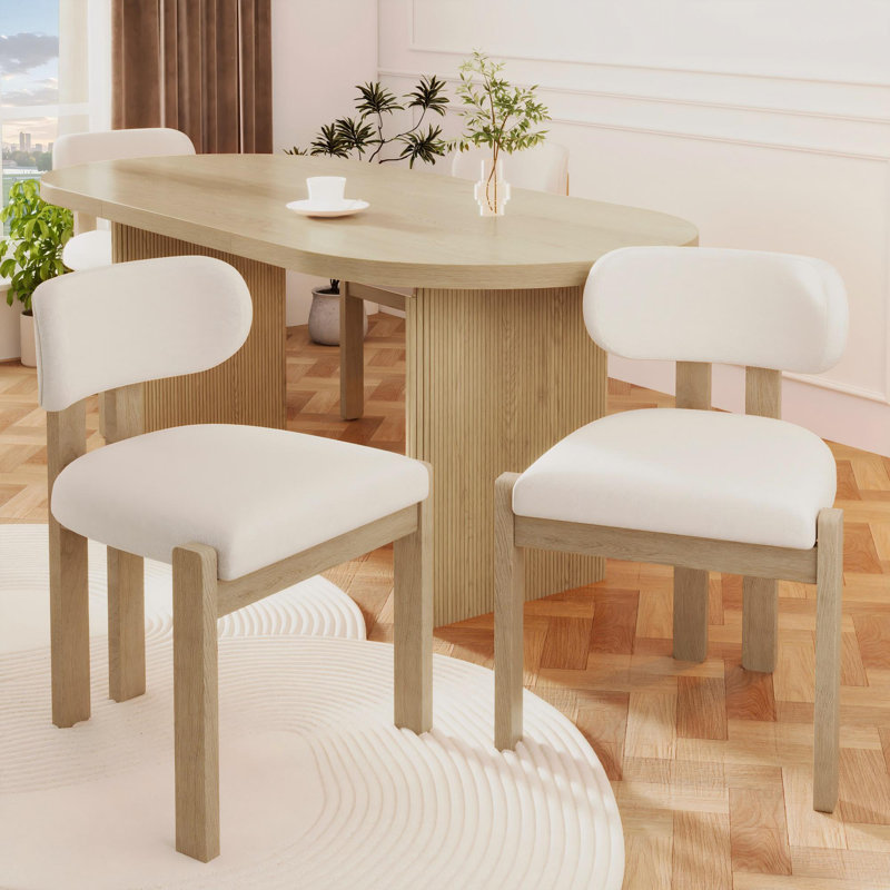 Boucle Upholstered Side Chair in Beige, 4, Natural Wood