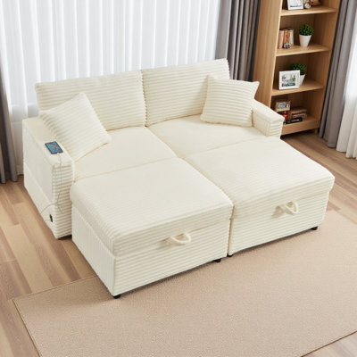 Comfortable Fluffy Corduroy Lazy Sofa, Storage Space For Big Loveseat, Super Soft Chaise Lounge With Double Ottomans And Table Board,Suitable For Chai