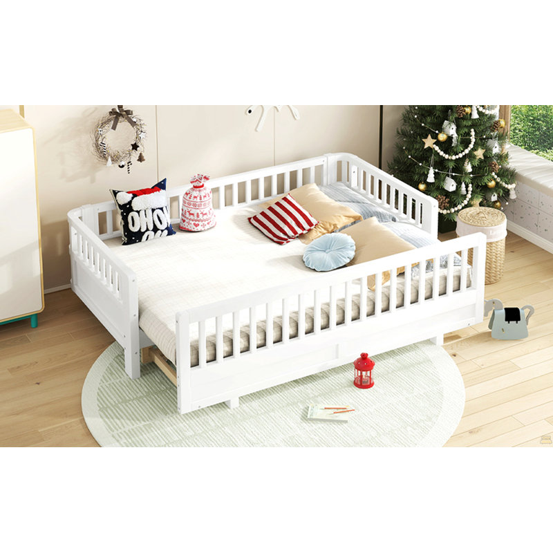 Lit plateforme simple TG avec garde-corps, structure de lit simple TG en bois massif, Blanc