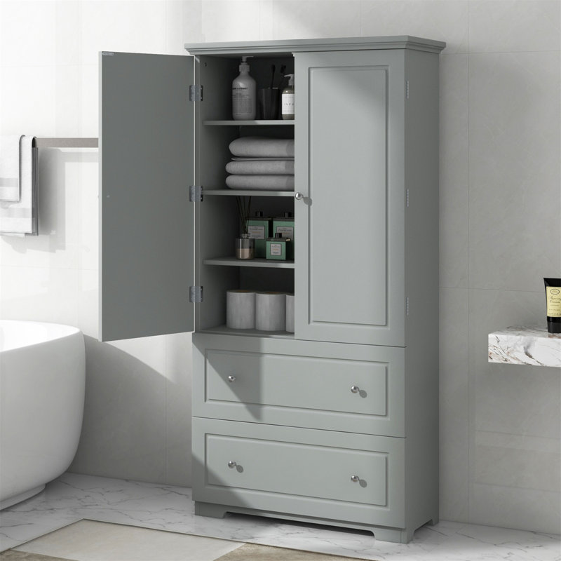Large armoire de rangement pour salle de bain avec deux tiroirs et tablette réglable, panneau de fibres à densité moyenne avec finition peinte, autoportante et imperméable