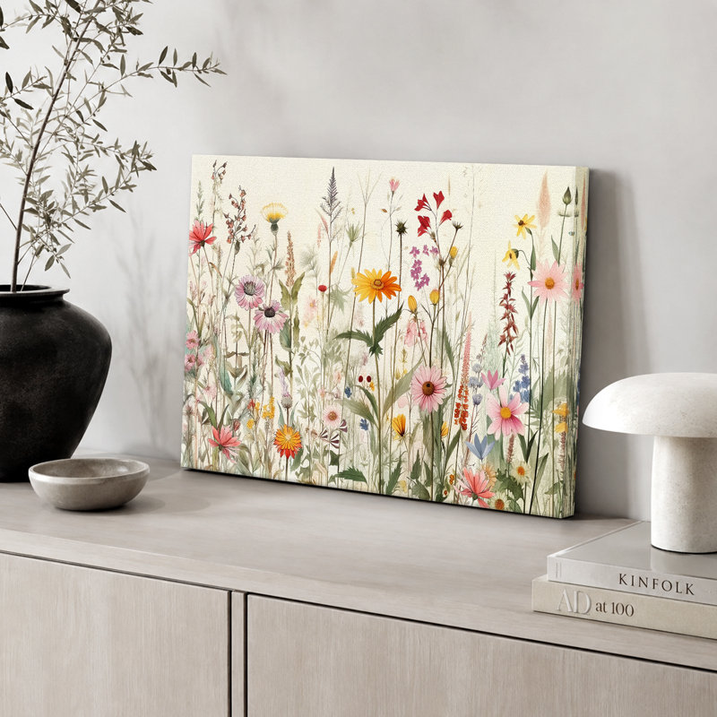 «Vibrant Wildflower», «Bright Daisy Floral Field Images, Spring French Country Living Room Artwork», impression sur toile encadrée